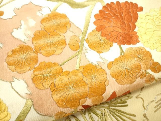 平和屋着物○アンティーク 大正ロマン 丸帯 総手刺繍 駒刺繍 枝花文