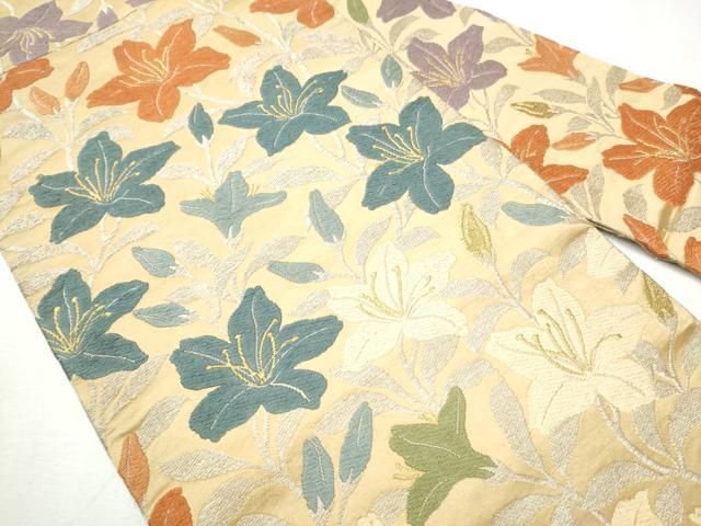 平和屋着物 アンティーク 大正ロマン 全通柄 九寸名古屋帯 唐織 枝花文 金銀糸 正絹 hy