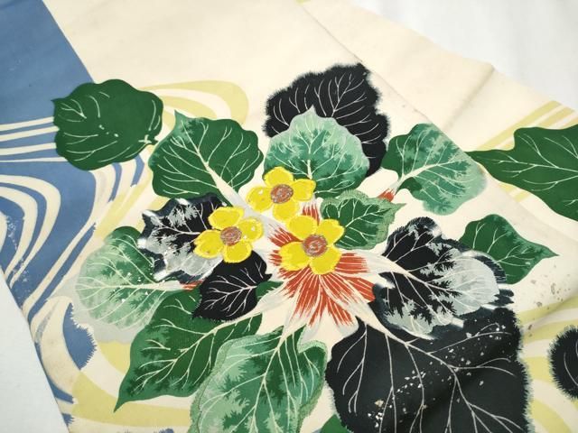 平和屋着物 アンティーク 大正ロマン 全通柄 九寸名古屋帯 刺繍 流水草花文 銀彩 正絹 hy