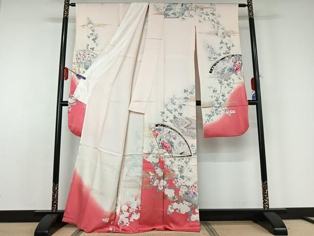 平和屋着物 豪華振袖 単衣 地紙飛鶴花文 暈し染め 金糸 金銀彩 正絹 jh