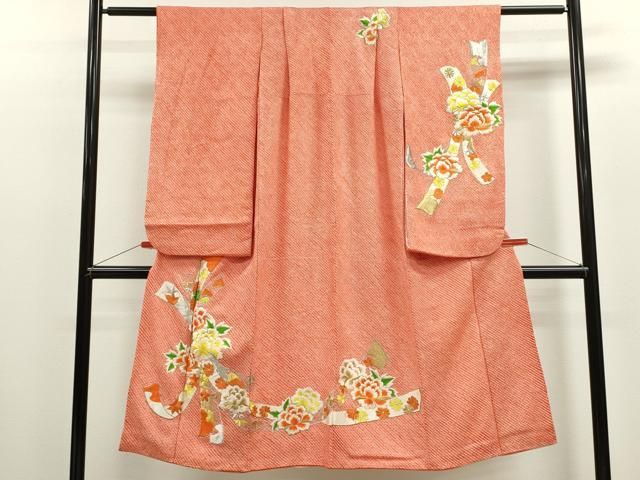 平和屋着物 七五三 女の子 ７歳 祝着 四つ身 総刺繍 絞り 束ね熨斗草花文 金銀糸 ze