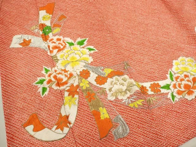  平和屋着物 七五三 女の子 ７歳 祝着 四つ身 総刺繍 絞り 束ね熨斗草花文 金銀糸 ze 着物 着物ドレス 着物 浴衣 和小物