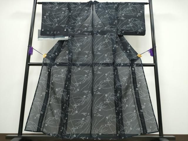 平和屋着物∴夏物 浴衣 綿紅梅 枝垂れ柳 燕 つばめ 黒地 反端付き 綿 ng