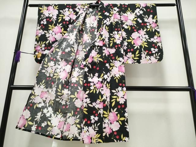 平和屋着物∴夏物 浴衣 子供 女の子 さくらんぼ 舞花文 黒地 綿 ng