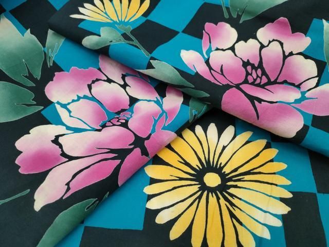 平和屋着物∴夏物　浴衣　市松牡丹菊文　綿　逸品　CABA0646ng 平和屋着物∴夏物 浴衣 市松牡丹菊文 綿 逸品 CABA0646ng