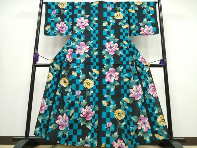 平和屋着物∴夏物 浴衣 市松牡丹菊文 綿 ng