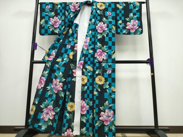平和屋着物∴夏物 浴衣 市松牡丹菊文 綿 逸品 CABA0646ng