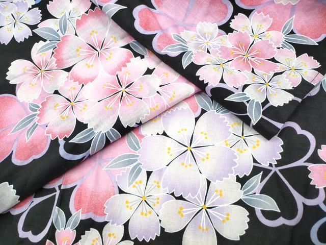 平和屋着物∴夏物 浴衣 舞花文 黒地 綿 ng