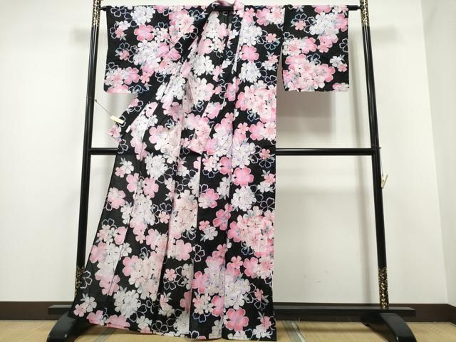  平和屋着物∴夏物 浴衣 舞花文 黒地 綿 ng 浴衣単品 浴衣