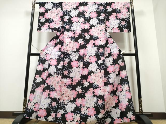 平和屋着物∴夏物 浴衣 舞花文 黒地 綿 ng