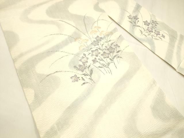 平和屋着物 夏物 九寸名古屋帯 流水草花文 銀彩 正絹 cm