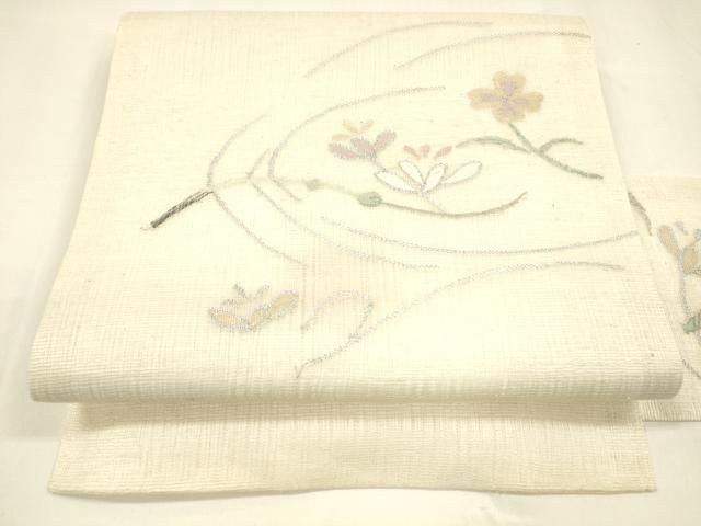 平和屋着物 夏物 九寸名古屋帯 枝花文 銀糸 正絹 cm