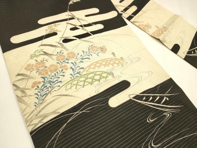 平和屋着物 夏物 アンティーク 大正ロマン 九寸名古屋帯 刺繍 流水籬草花文 黒地 正絹 cm