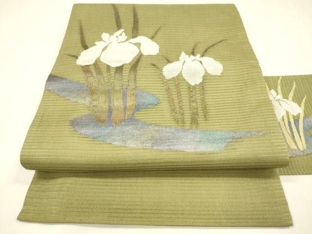 平和屋着物＊夏物　九寸名古屋帯　杜若　金糸　正絹　逸品　DABA0496cm 平和屋着物＊夏物 九寸名古屋帯 流水杜若 金銀糸 正絹 逸品 DABA0056cm