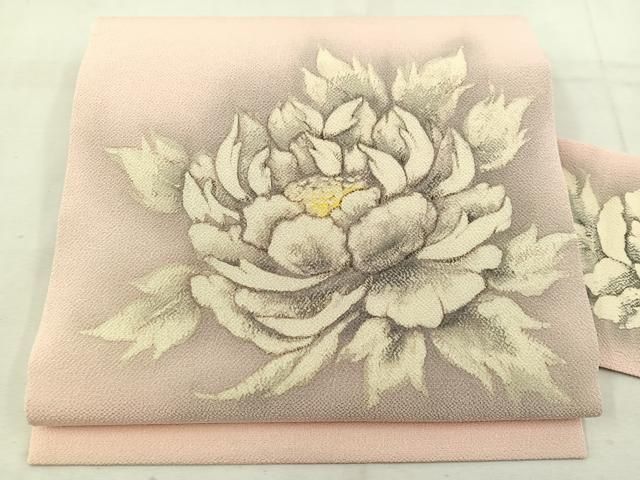 平和屋着物 九寸名古屋帯 手描き 牡丹 鬼しぼ縮緬 正絹 mz