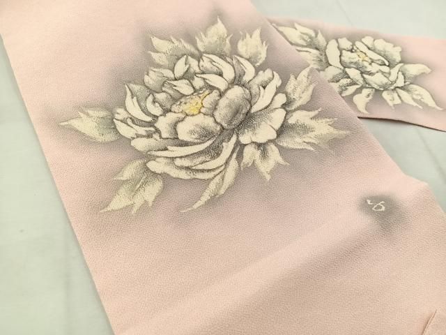 平和屋着物 九寸名古屋帯 手描き 牡丹 鬼しぼ縮緬 正絹 mz