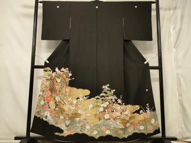 平和屋着物●豪華黒留袖　作家物　駒刺繍　御所車人物文　金彩　正絹　逸品　未使用　CAAZ1034vf 平和屋着物□豪華黒留袖 作家物 駒刺繍 御所車草花文 金彩 正絹 逸品