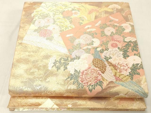 平和屋着物◎六通柄袋帯 色紙吉祥孔雀花文 金銀糸 正絹 逸品