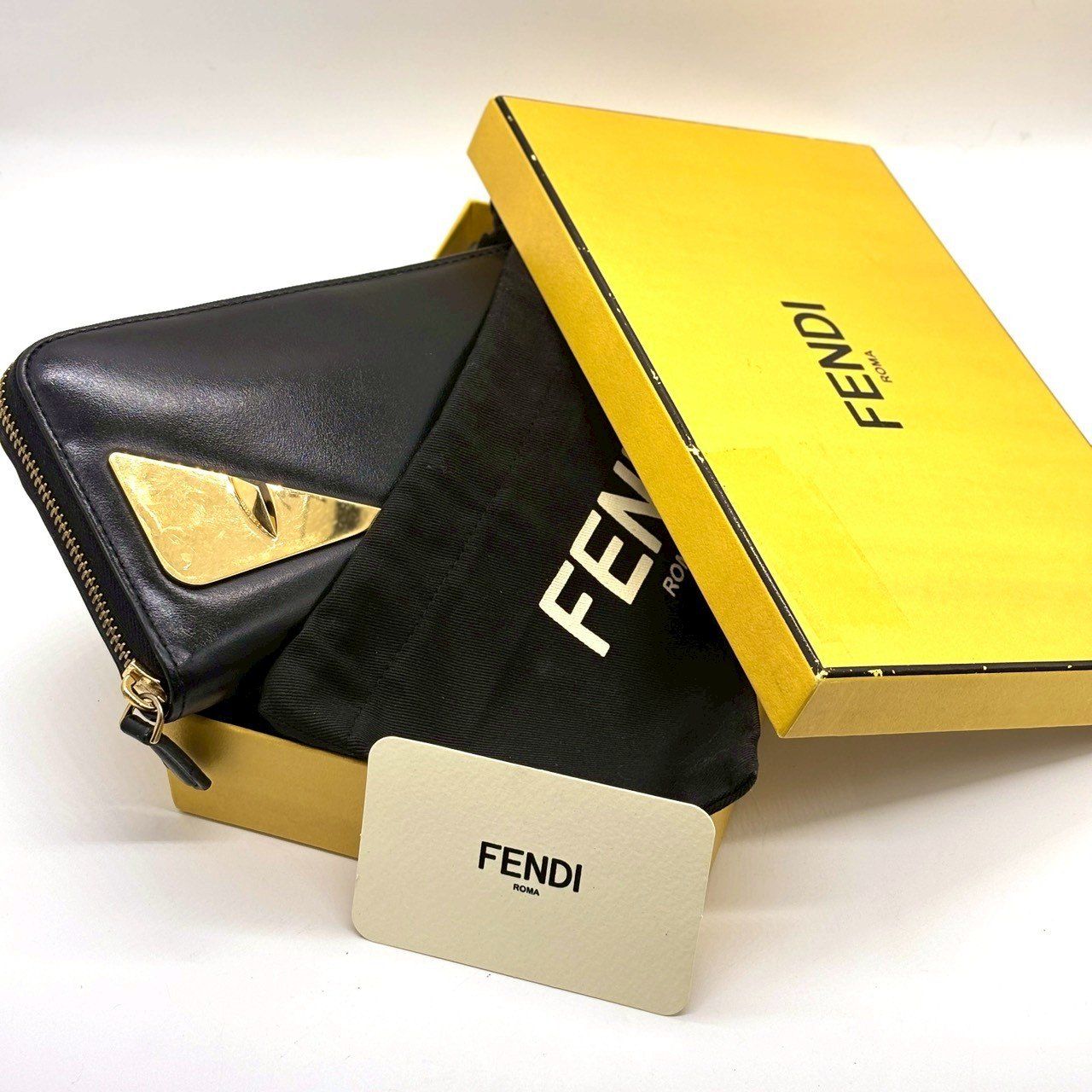存在感 FENDI フェンディ バグズアイ モンスター 長財布 上質スムースカーフ ラウンドファスナー ゴールド金具 完備 メンズ 7 M 0210 黒