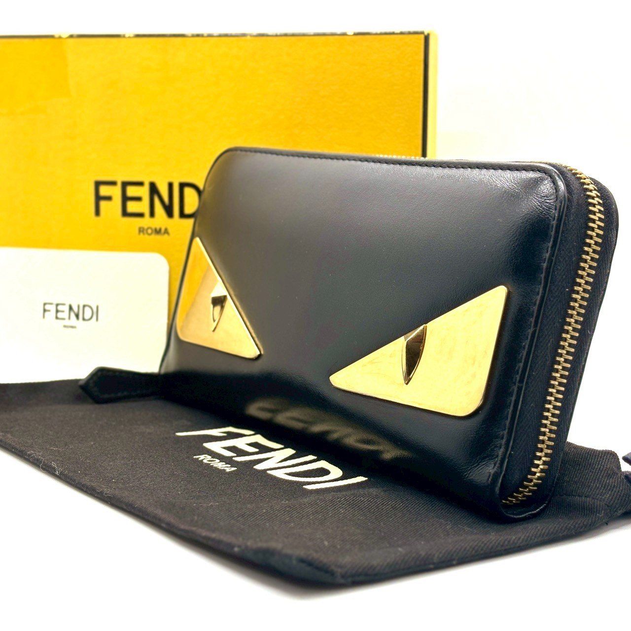 存在感 FENDI フェンディ バグズアイ モンスター 長財布 上質スムースカーフ ラウンドファスナー ゴールド金具 完備 メンズ 7 M 0210 黒