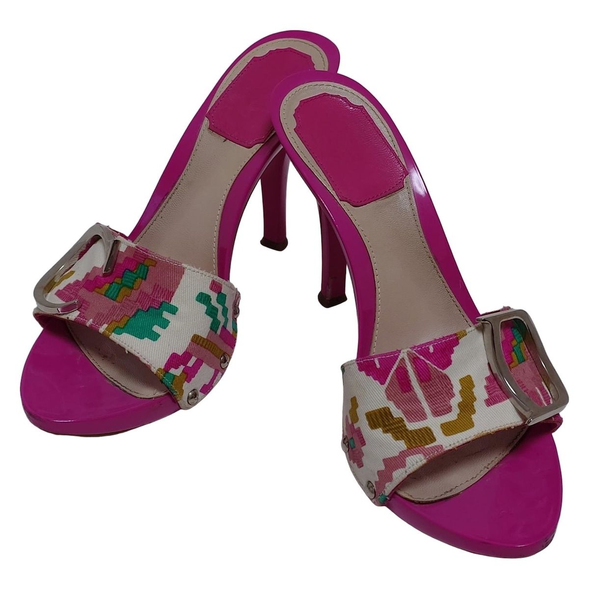 DIOR ChristianDior ディオール クリスチャンディオール ミュール 36 レディース - 白×ピンク×マルチ D モチーフ コットン