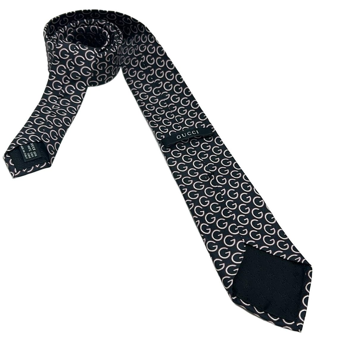 GUCCI グッチ ネクタイ メンズ - ダークネイビー×白×ボルドー Gモチーフ 総柄