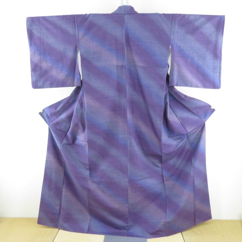 紬 着物 洒落袋帯とセット 漢方染め 菅原結 落款入り 作家物 紫色