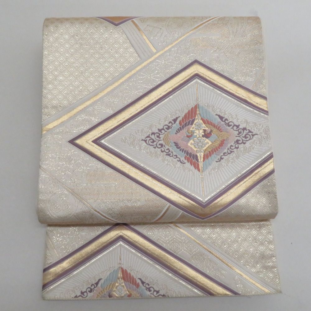 袋帯 菱型に向かい鳳凰紋様 ベージュ色x金色x薄紫色 金糸銀糸 六通柄