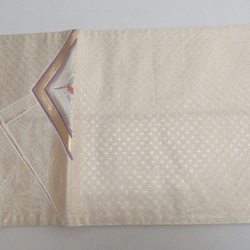 袋帯 菱型に向かい鳳凰紋様 ベージュ色x金色x薄紫色 金糸銀糸 六通柄