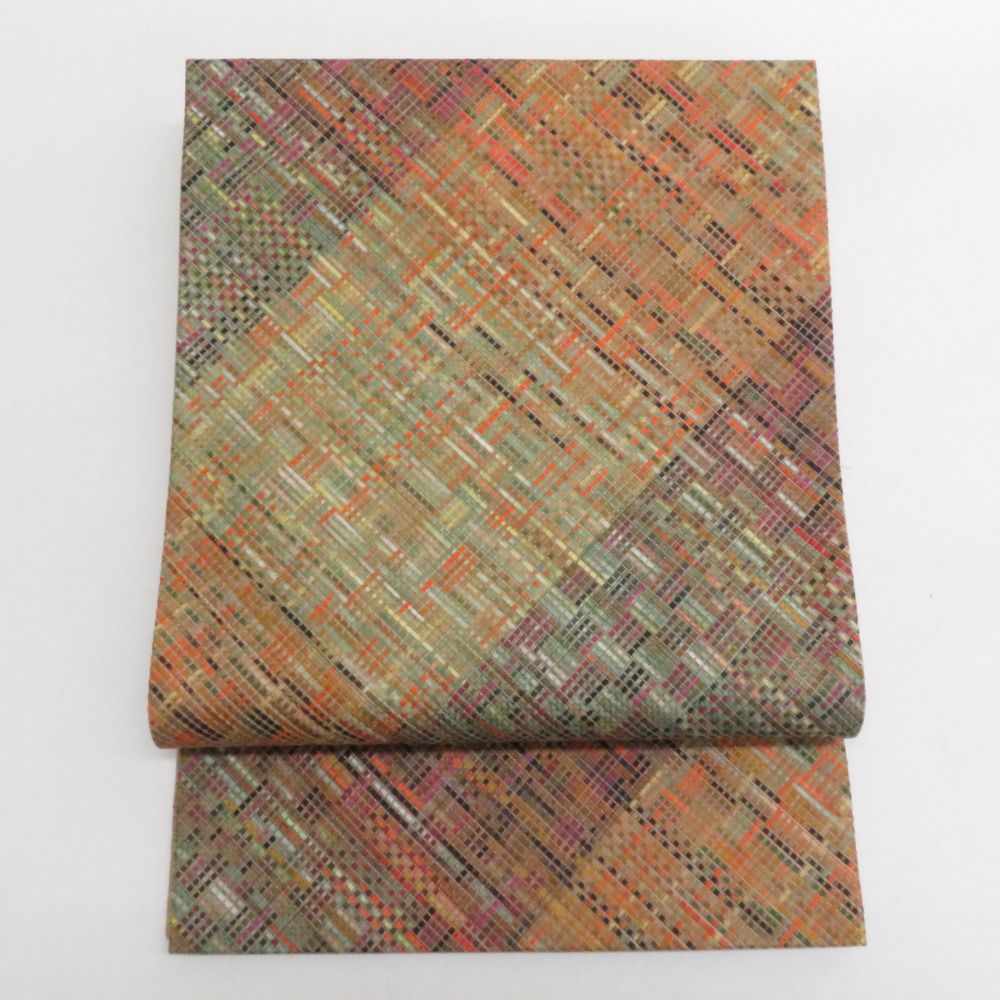 袋帯 洒落袋帯 市松模様 チェック柄 多色織 カラフル オレンジ色x緑色