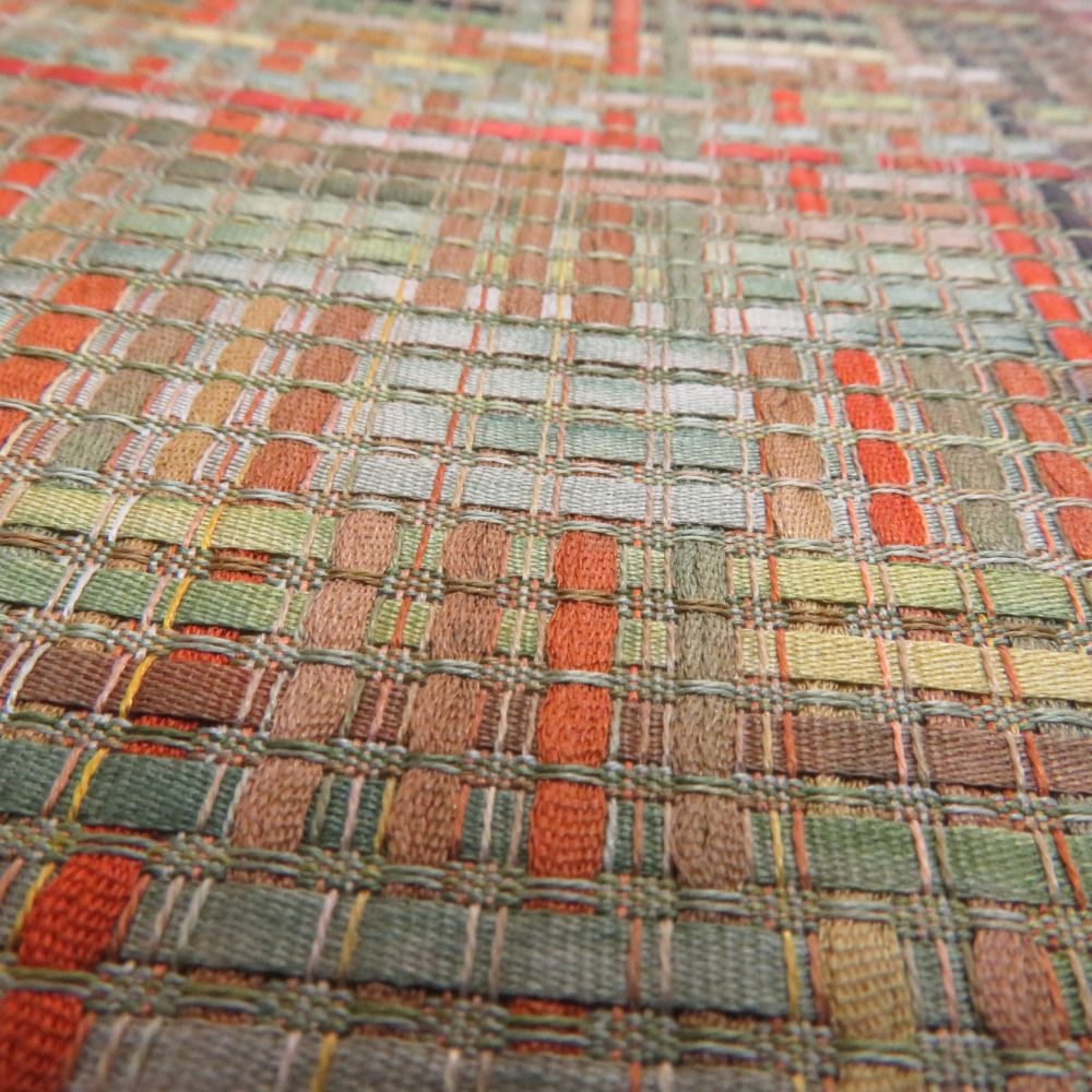 袋帯 洒落袋帯 市松模様 チェック柄 多色織 カラフル オレンジ色x緑色