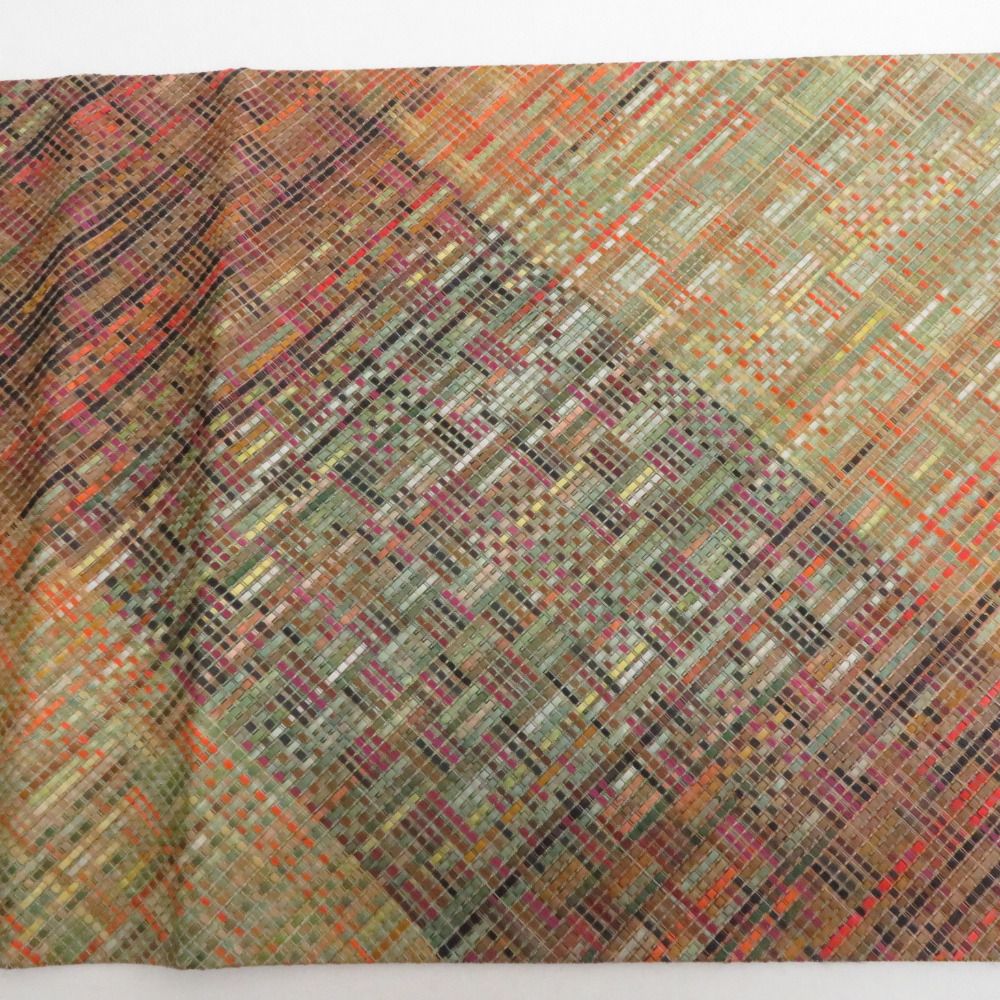  袋帯 洒落袋帯 市松模様 チェック柄 多色織 カラフル オレンジ色ｘ緑色ｘ茶色 六通柄 仕立て上がり 着物帯 長さ440 cm 名古屋帯 帯