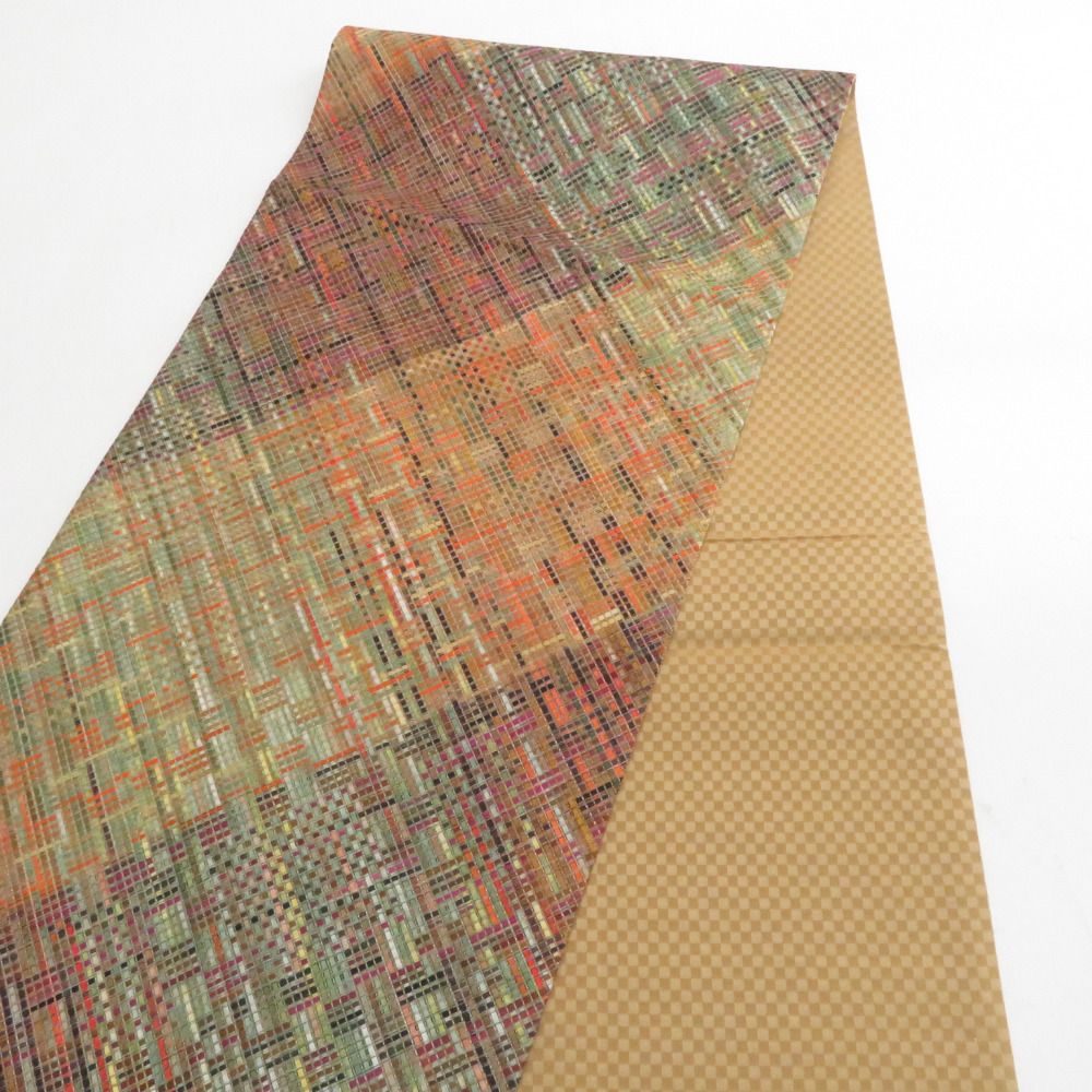 袋帯 洒落袋帯 市松模様 チェック柄 多色織 カラフル オレンジ色ｘ緑色ｘ茶色 六通柄 仕立て上がり 着物帯 長さ440 cm