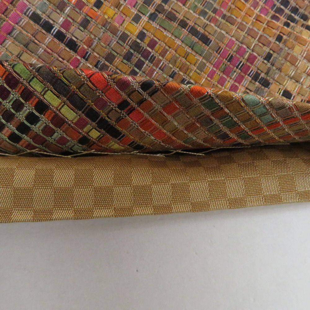 袋帯 洒落袋帯 市松模様 チェック柄 多色織 カラフル オレンジ色x緑色