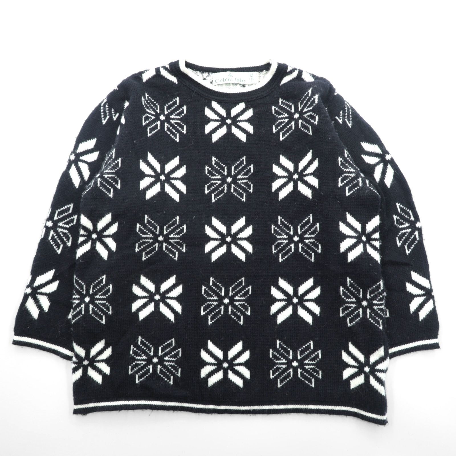 【ヴィンテージ】特殊デザイン　ウールニット VINTAGE ニット セーター メリノウール ノルディック XL ブラック