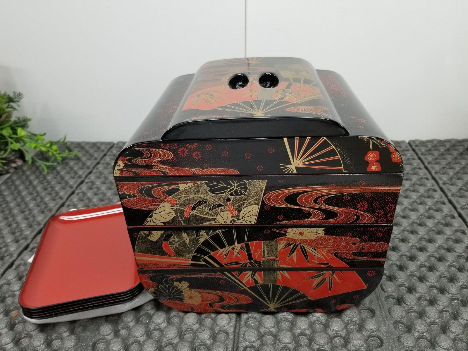 山中塗三段重箱 千寿扇 お花見 おせち 弁当 漆器 取り皿付 昭和レトロ