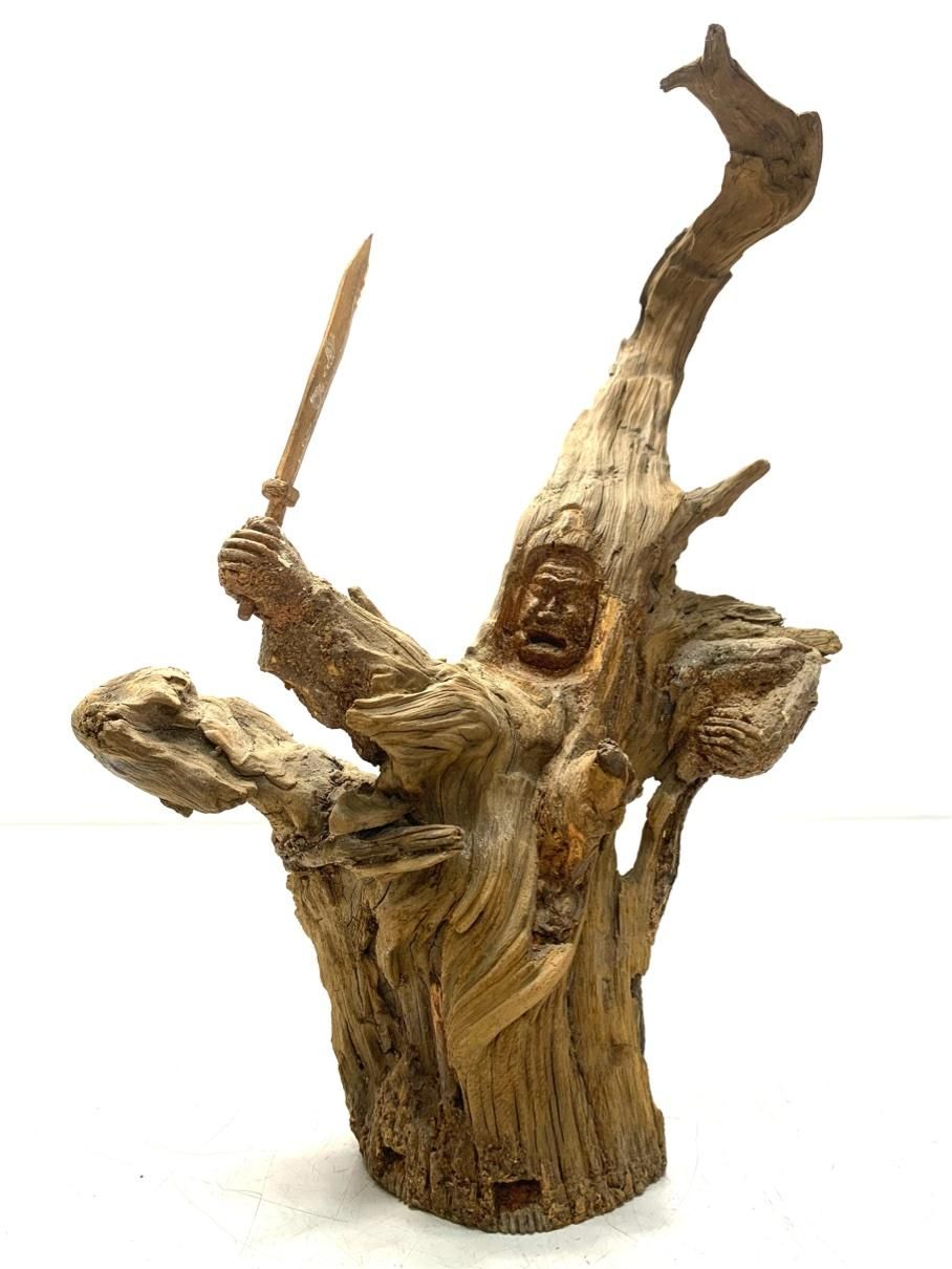 貴重 根彫 不動明王 人物像 木彫り 骨董 流木 アート 仏教美術 レトロ