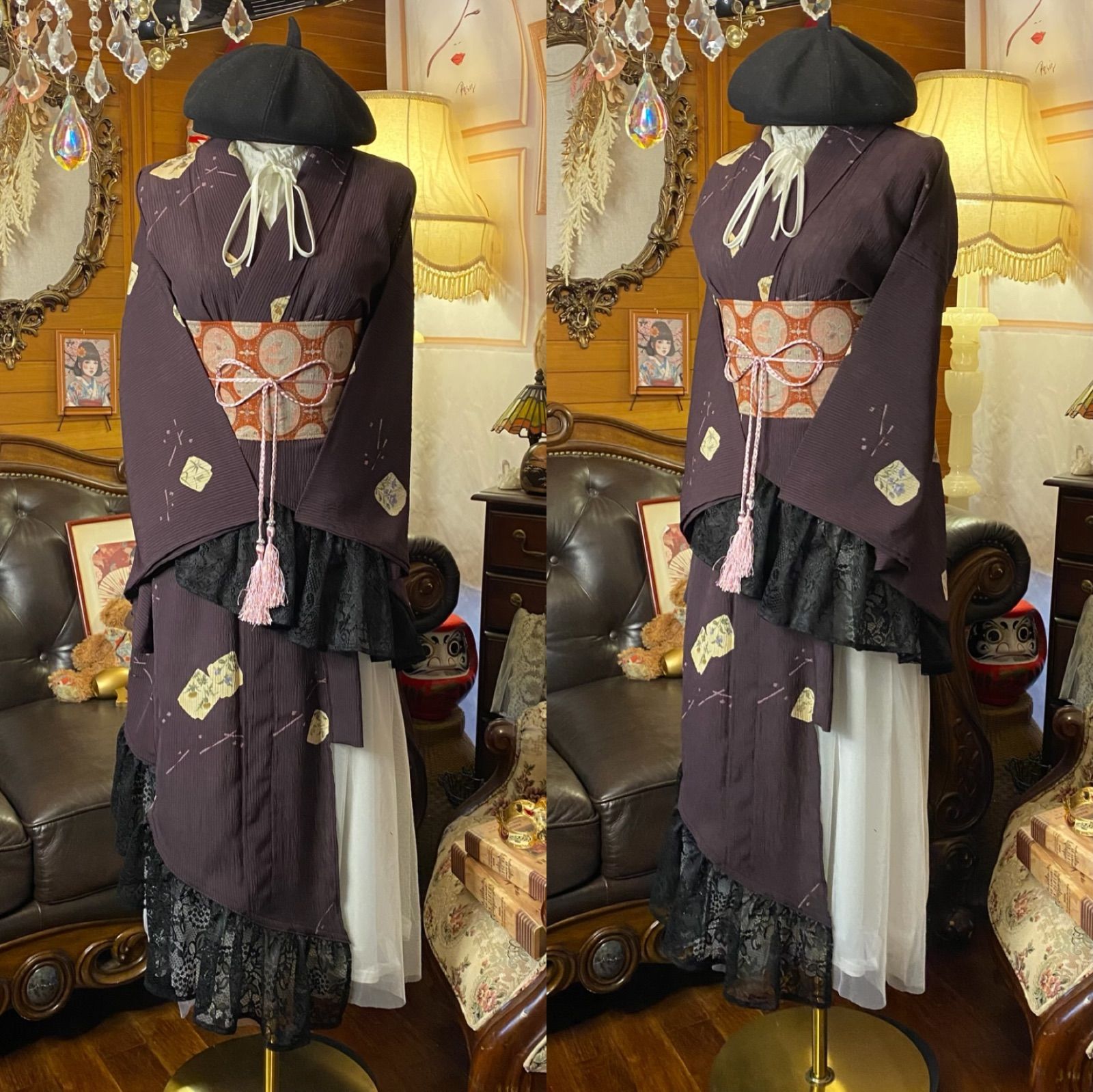 単衣 夏着物 2 way アシンメトリー ガウン 羽織り ドレス ワンピース ハンドメイド 和洋折衷 洗える 化繊 リメイク 名古屋帯サッシュベルト レトロ 古着 葡萄茶×黒レース KD-88