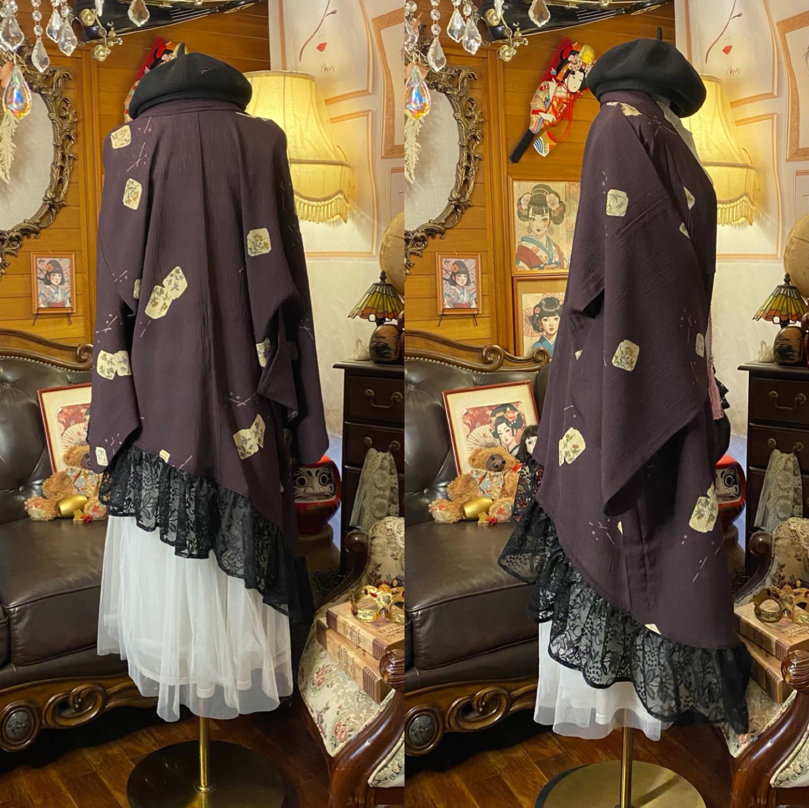 ヴィンテージ ノーカラージャケット 羽織りガウン アート柄 マルチカラー 着物風 ヴィンテージ ノーカラージャケット 羽織りガウン アート柄 マルチ