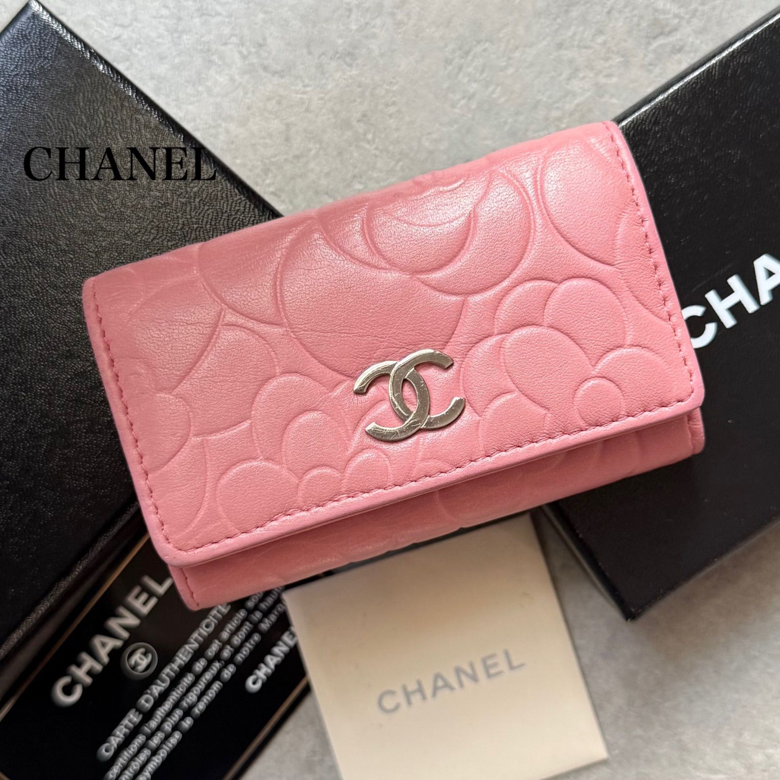 美品 CHANEL シャネル カメリア ココマーク キーケース レザーピンク