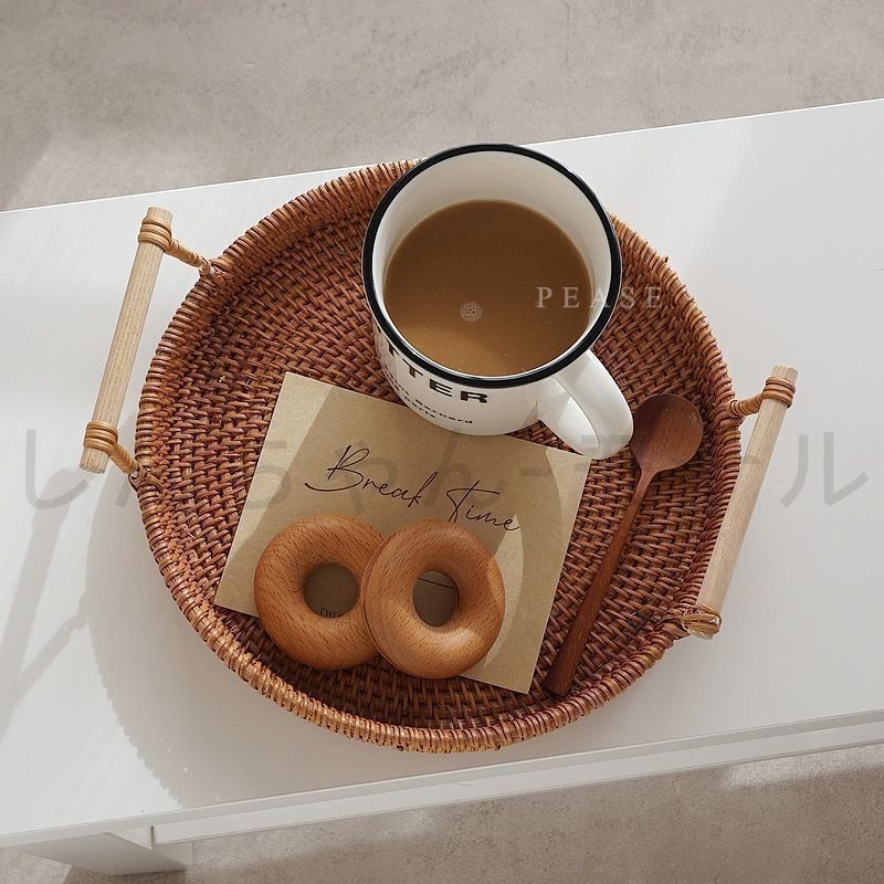 2025新品・未使用】 トレー トレイ ラタン 円形 丸型 おぼん 取っ手