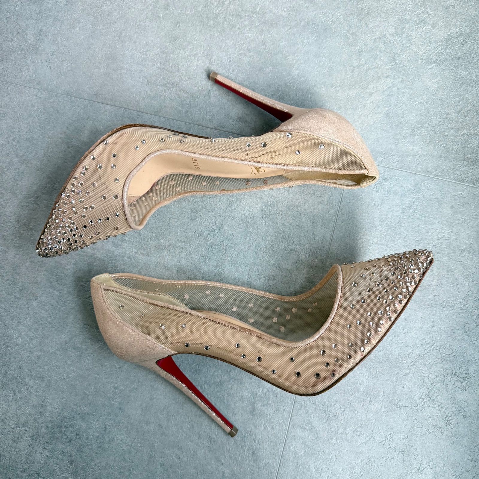 【Louboutin】超美品★ルブタン ベージュスエードヒールパンプス(箱靴袋) 美品 Christian Louboutin クリスチャンルブタン スワロフスキー