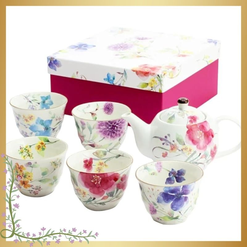 セラミック藍 花水彩 5客ポット茶器 マルチ サイズ 約W 26 D 23 H 10 01823