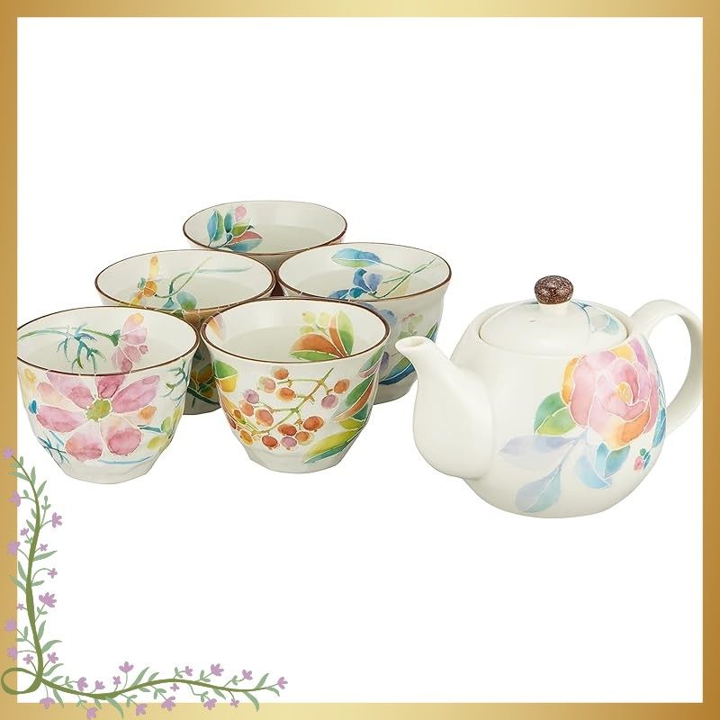 セラミック藍 花ことば 5客ポット茶器 5種の花 サイズ 約W 26 D 23 H 10 01526
