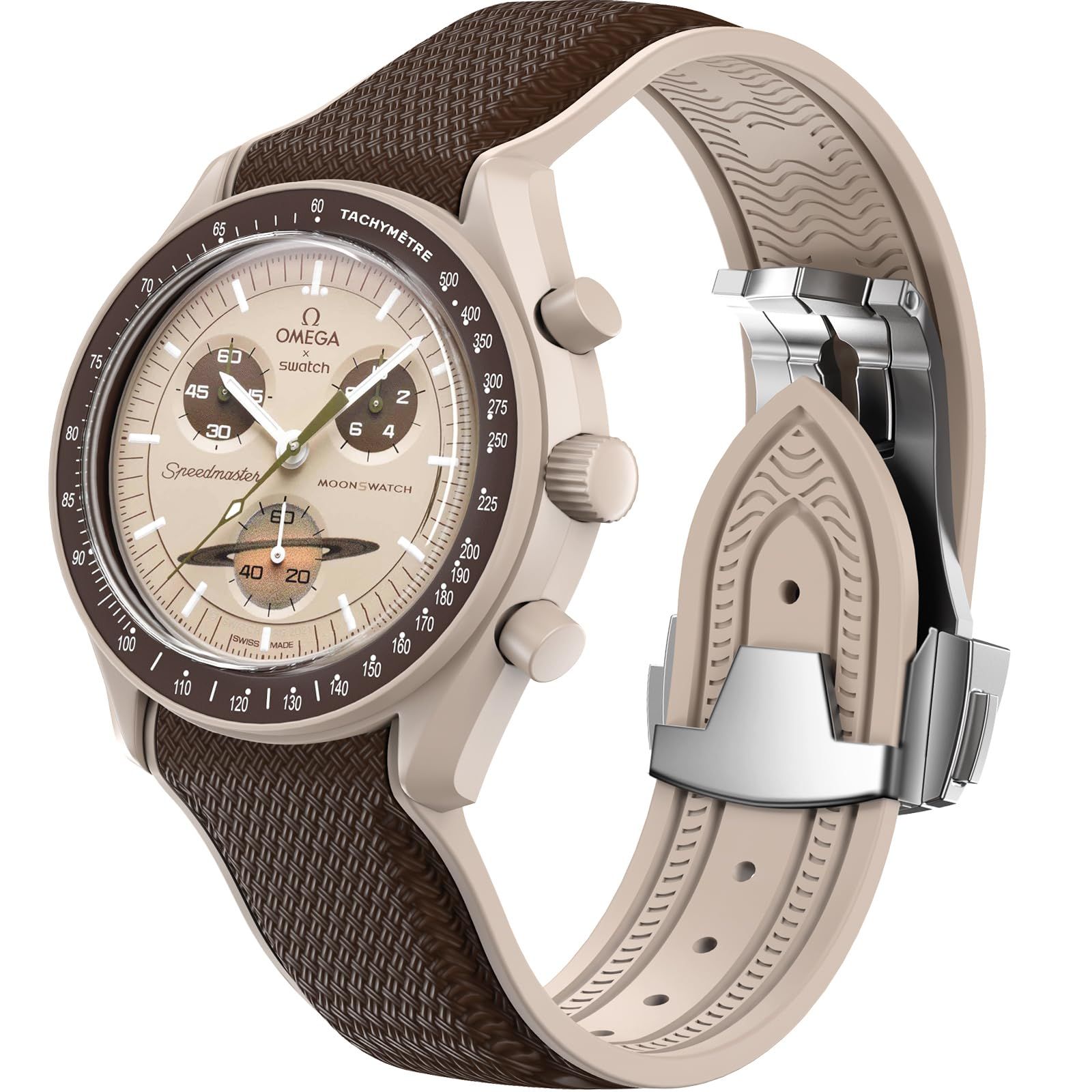 BONACE ボナス 20 mm ソフトラバーウォッチバンド Omega オメガ x Swatch MoonSwatch Speedmaster用 ギャップのないカーブ付き交換用ストラップ 男女兼用 シリコーン 宝石なし ブラウン