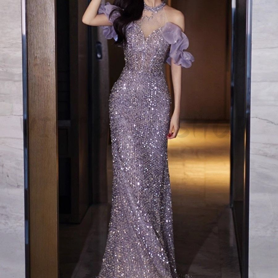 イブニングドレス マーメイドドレス オフショルダー パープル キラキラドレス スパンコール ロングドレス ホルターネック パーティードレス 紫色 マーメイドライン キラキラ 素敵 キレイめ ゲストドレス 結婚式ドレス 二次会 1138
