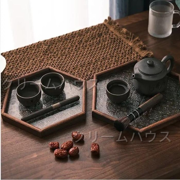 六角形トレイ お盆 エンボスガラス 木製フレーム おしゃれ トレイ