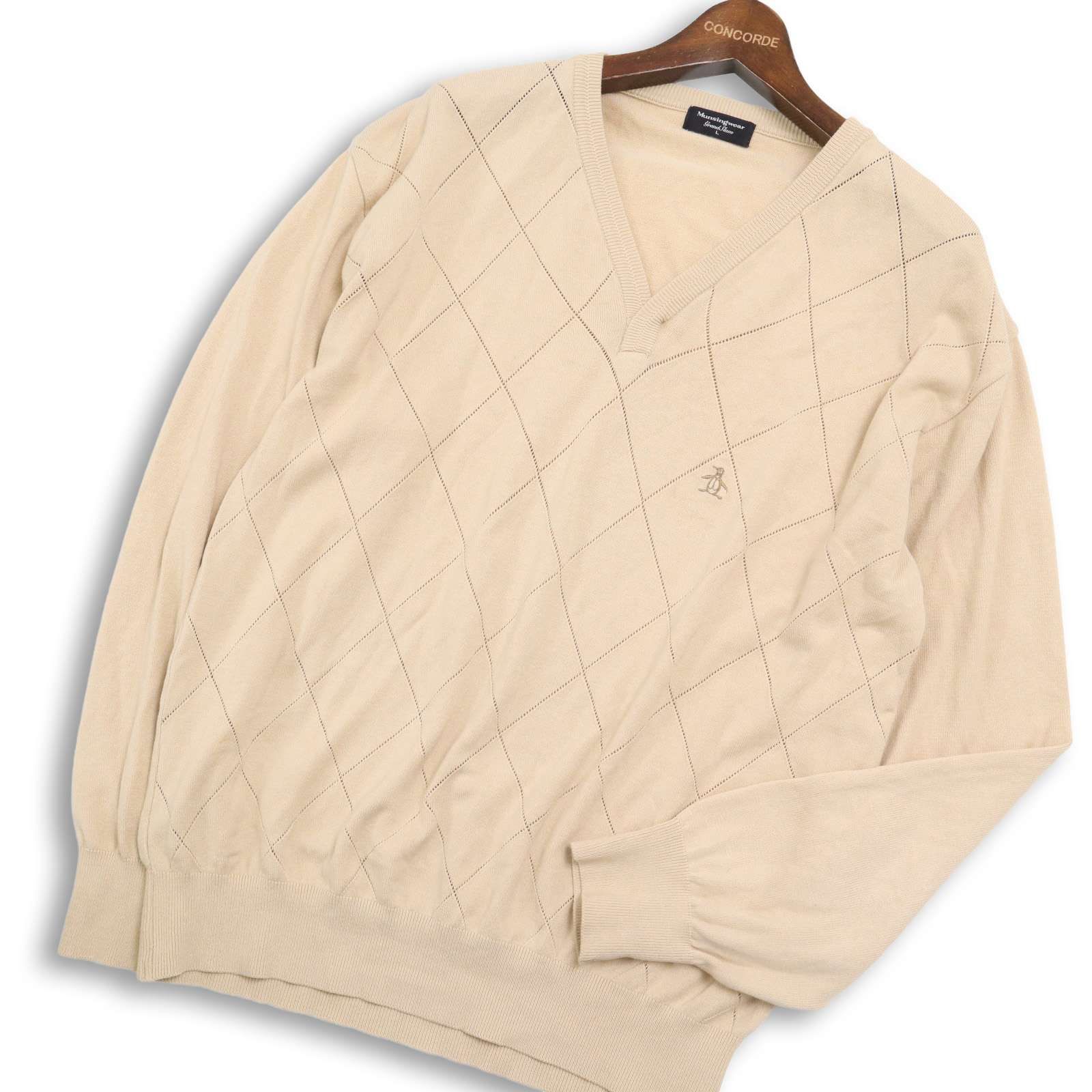 Munsingwear マンシングウェア ゴルフ 秋冬 ペンギン刺繍 ダイヤ柄 Vネック ニット セーター Sz.L メンズ ベージュ 日本製