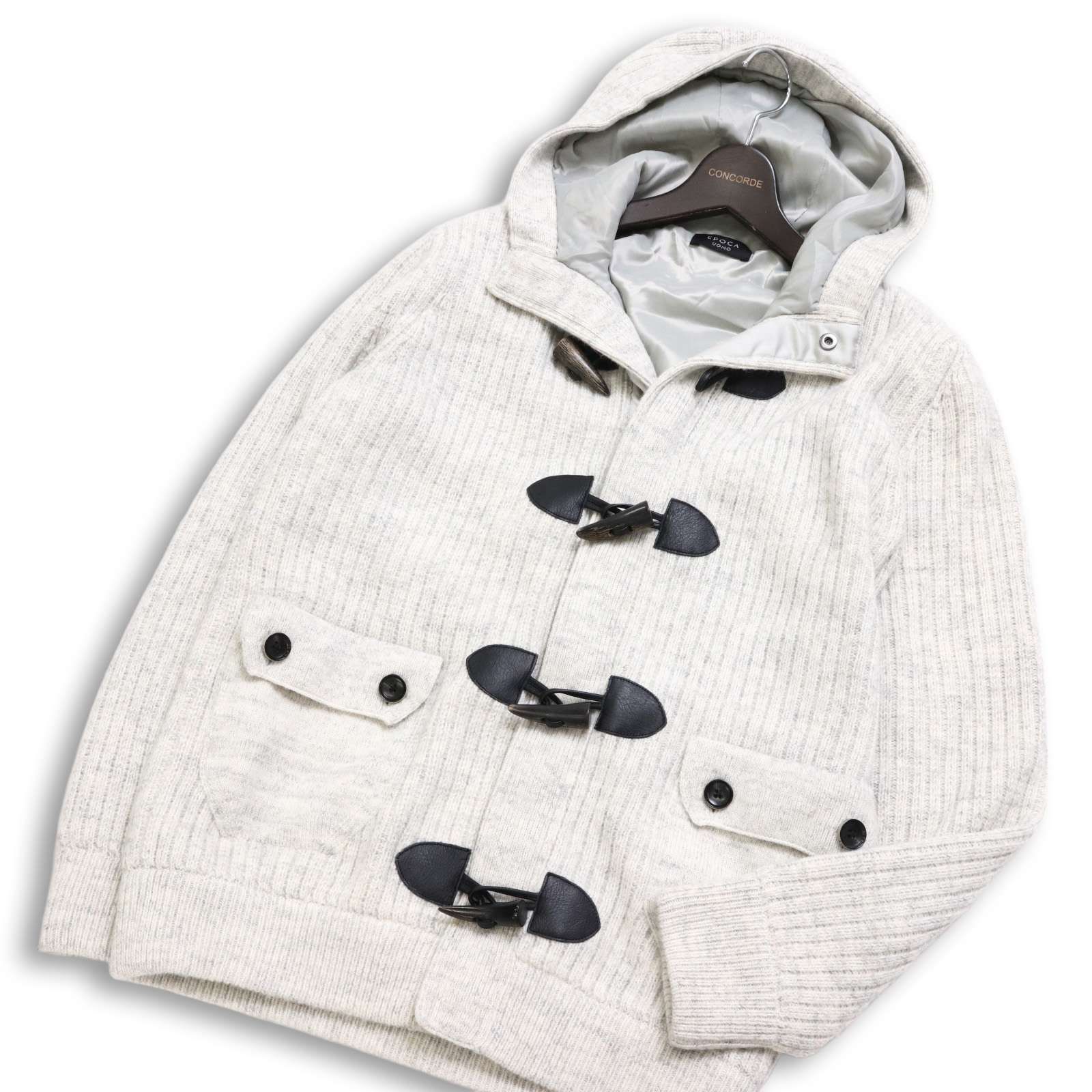 EPOCA UOMO エポカ ウォモ 秋冬 ウール アルパカ混 ニット リアルレザー使い ダッフル コート Sz.48 メンズ