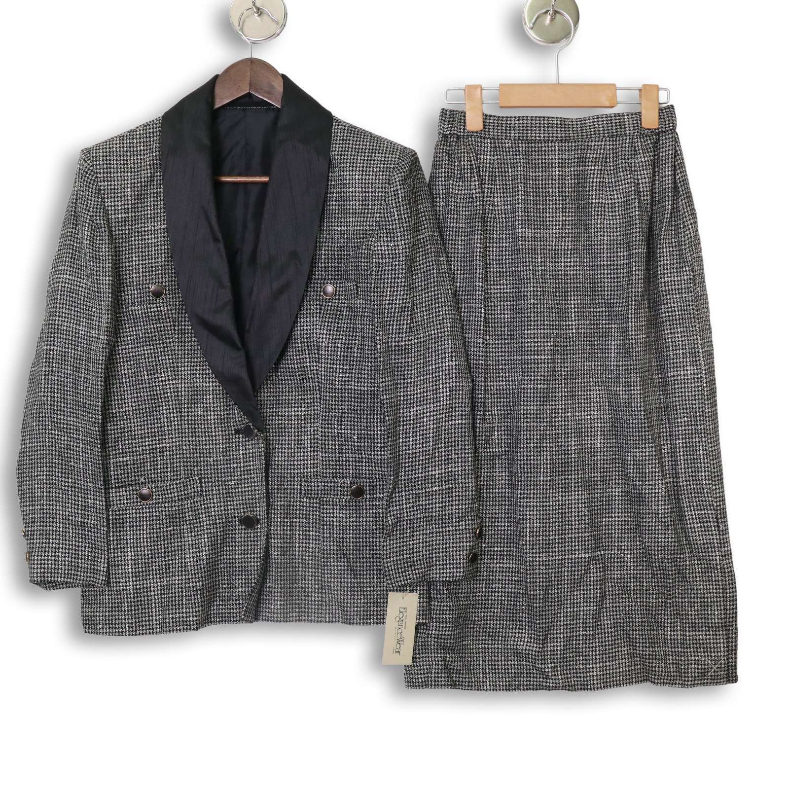 Elegance Wear エレガンス ウェアー ウール シルク混 千鳥 セットアップ スーツ Sz.9号 レディース